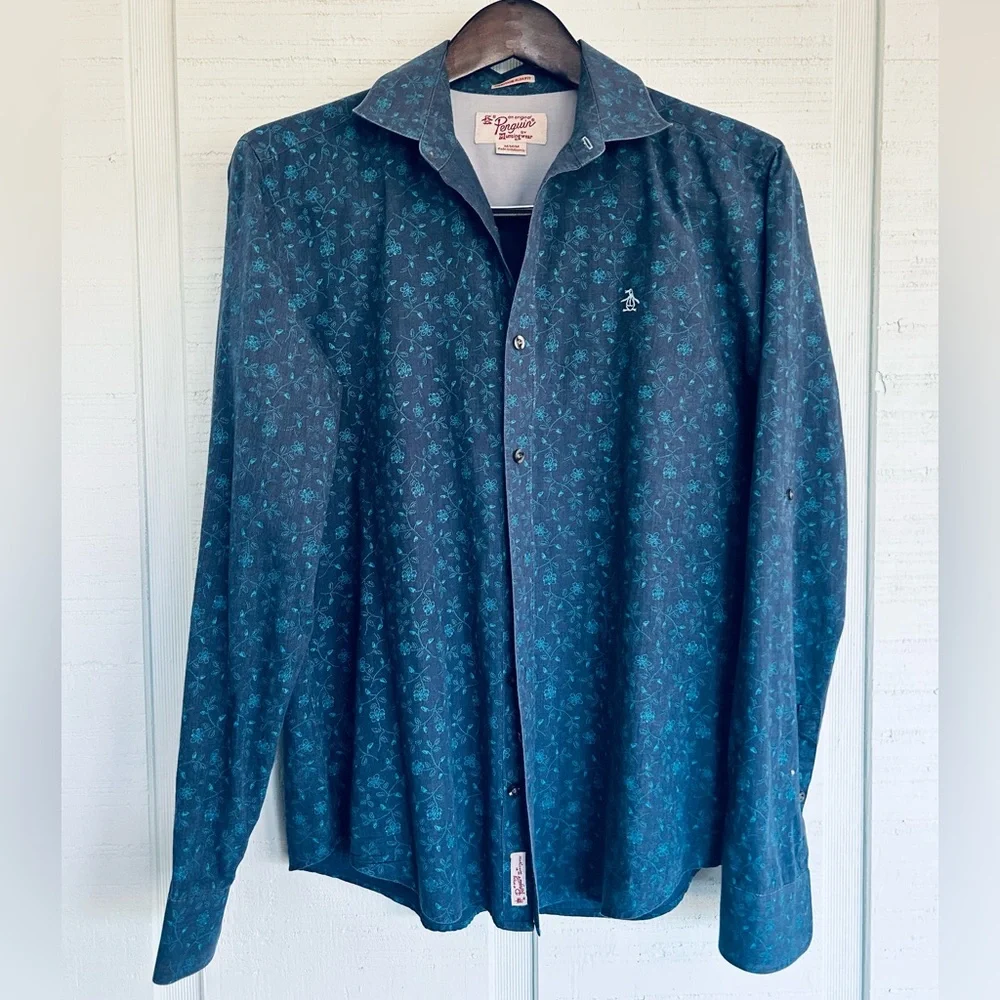 Original Penguin Button Down Shirt Mens M Blue Floral Heritage Slim Fit B9-1056
